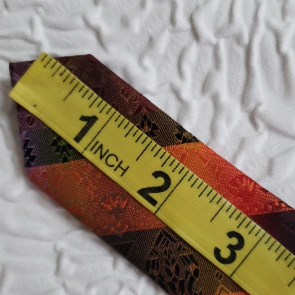 Wembley warm orange strip & print design tie, green blue gold, casual, Y2K